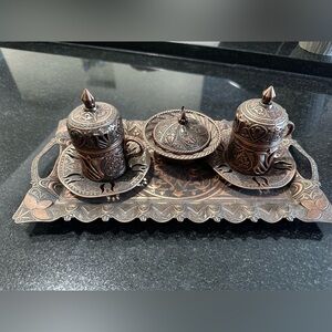 🆕 Hand-Engraved Copper Turkish Coffee Set with Tray - Copper Brown